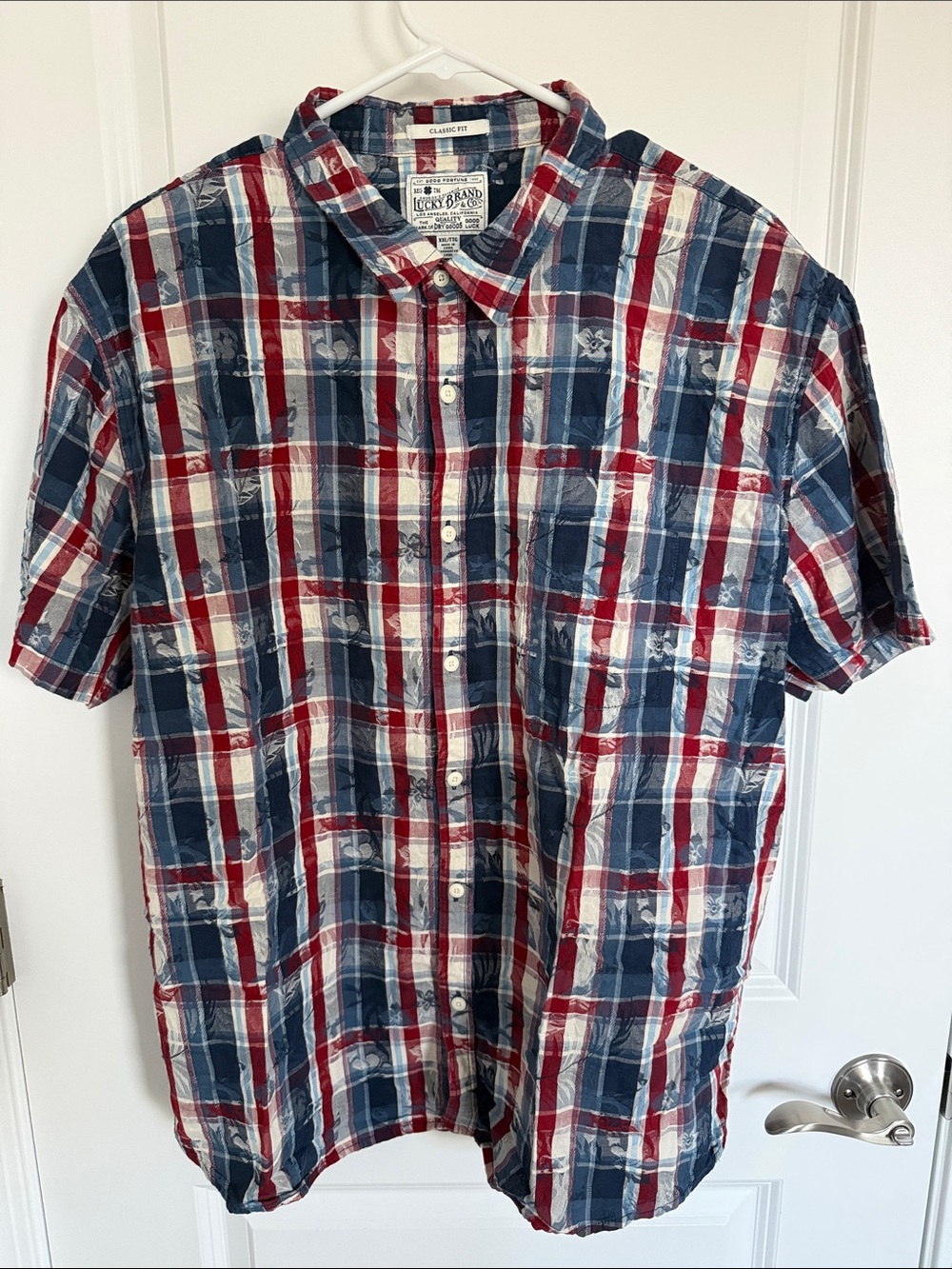 VTG Lucky Brand Men’s Red, Blue & White Plaid Short-Sleeve Button-Up Shirt